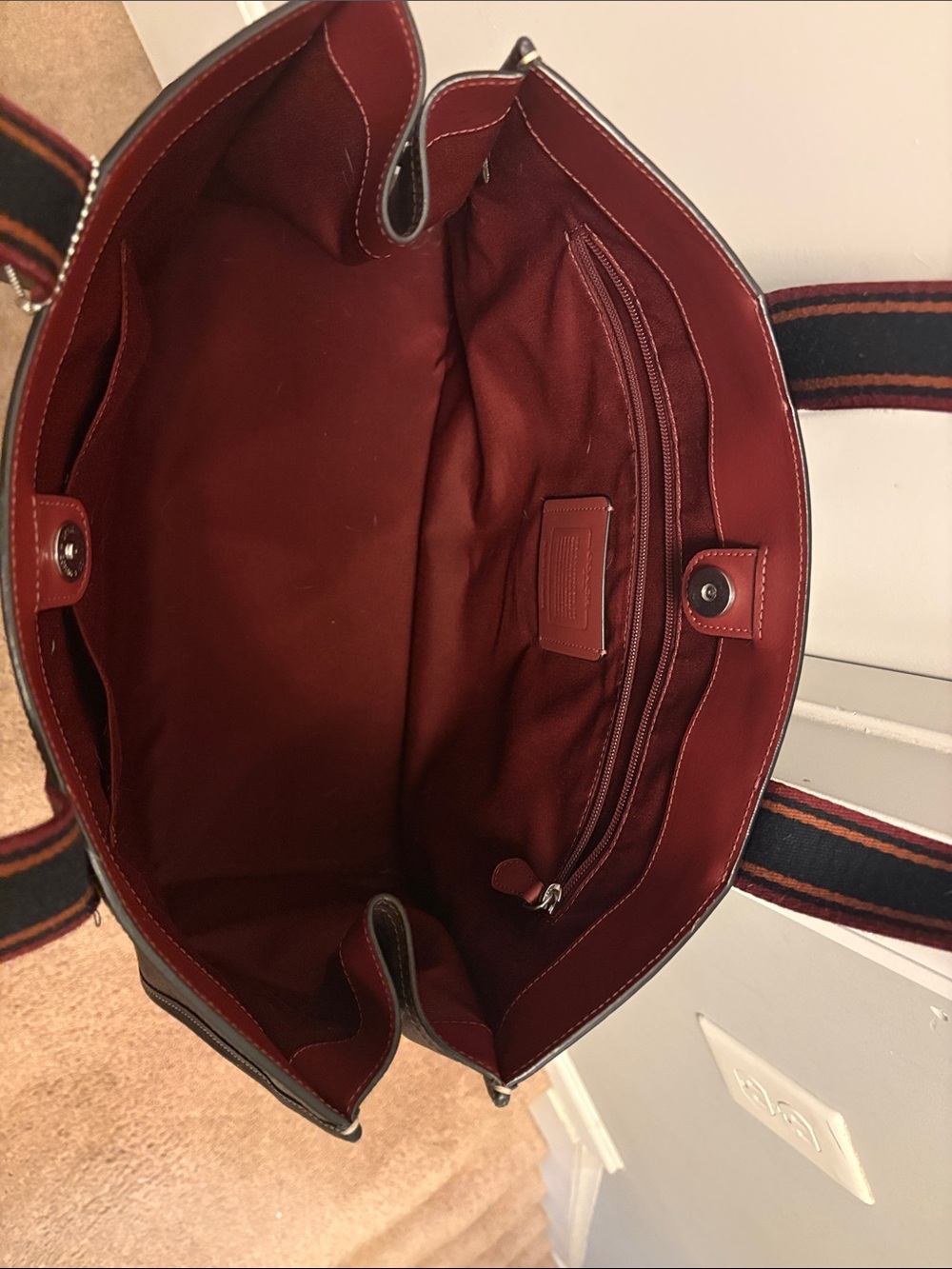 Coach Brown Signature Canvas Tote with Red-Trim Straps - Picture 3 of 8